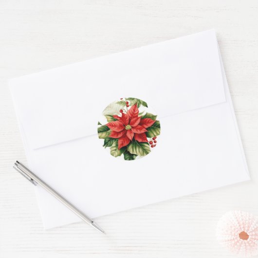 Rode Groene Poinsettia Holly Kerstvakantie Ronde Sticker (Envelop)
