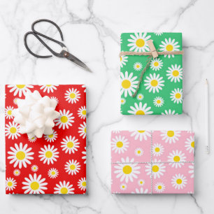 Rode, Groene & Roze Gemengde Zomer Daisy's Inpakpapier Vel