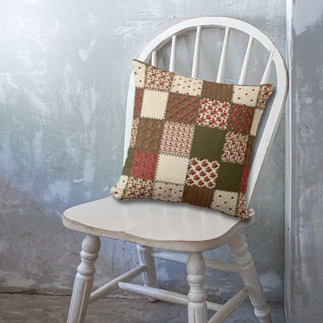 Rode groene Rozen Patchwork Quilt Pattern Kussen (Creator heeft geüpload)