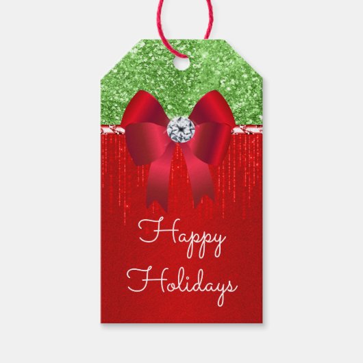 Rode groene satijnbooglitter DIY kerstwens Cadeaulabel (Voorkant)