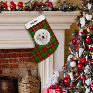 Rode groene tartan geruite winterkrans huisdierhon kleine kerstsok