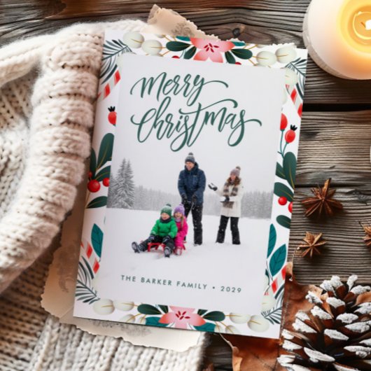 Rode Groene Vakantie Bloemen Foto Kerst Kaart