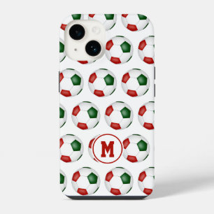 rode groene voetbalpatroon met monogram iPhone 14 hoesje