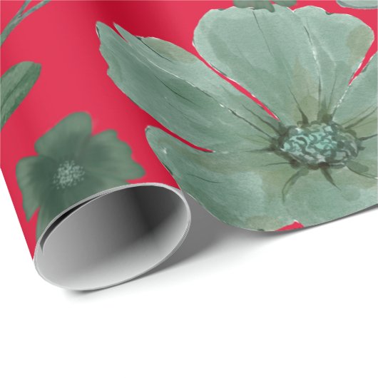 Rode groene Waterverf Bloemen Cadeaupapier (Rol Hoek)