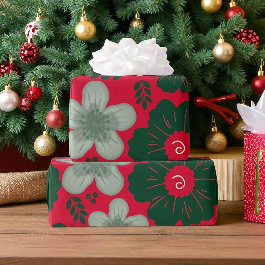Rode groene Waterverf Bloemen Cadeaupapier