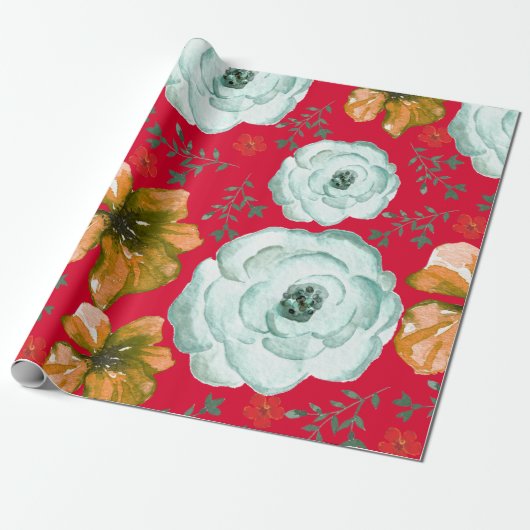Rode groene Waterverf Bloemen Cadeaupapier (Uitgerold)