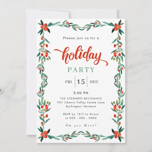 Rode Groene Waterverf Chique Kerstmis Feest Kaart (Voorkant)