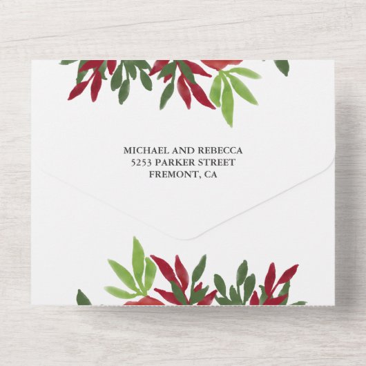 Rode groene Waterverf Floral laat tuinbruiloft ove All In One Uitnodiging (Achterkant)