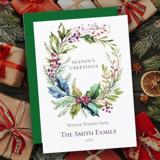 Rode & Groene Waterverf Holly Krans Kerst Kaart