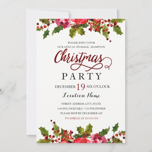 Rode groene Waterverf Holly Leaf kerstfeest Kaart (Voorkant)