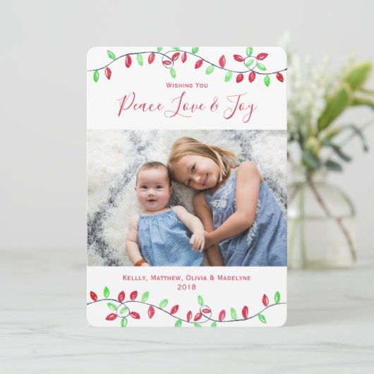 Rode Groene Waterverf Kerstmis String Lights Foto Feestdagenkaart (Staand voorkant)