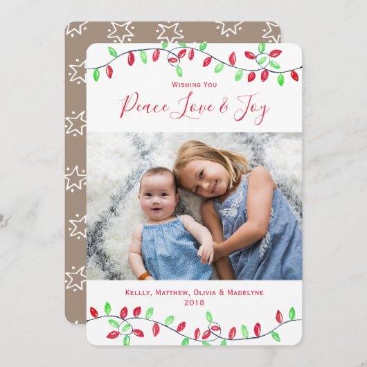 Rode Groene Waterverf Kerstmis String Lights Foto Feestdagenkaart (Voorkant / Achterkant)