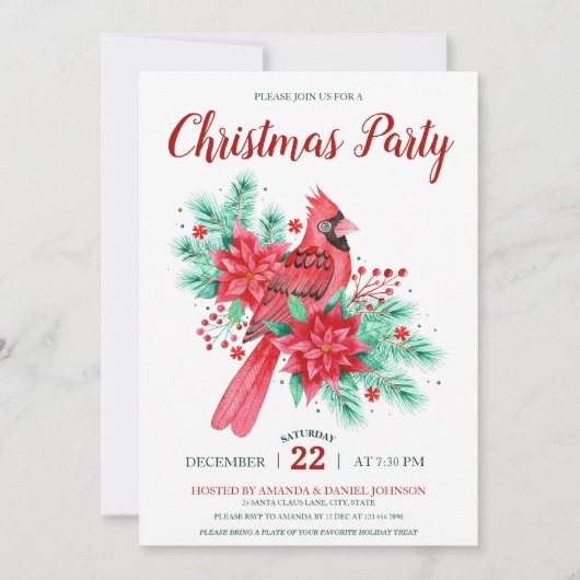 Rode & Groene Waterverf Vogel Bloemen Kerstfeest Kaart (Voorkant)