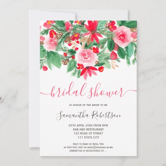 Rode groene winterflorale waterverf vrijgezellenfe kaart (Voorkant)