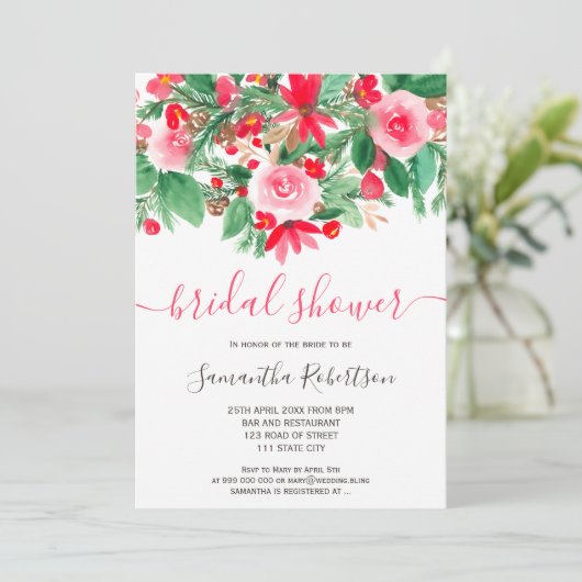 Rode groene winterflorale waterverf vrijgezellenfe kaart (Staand voorkant)