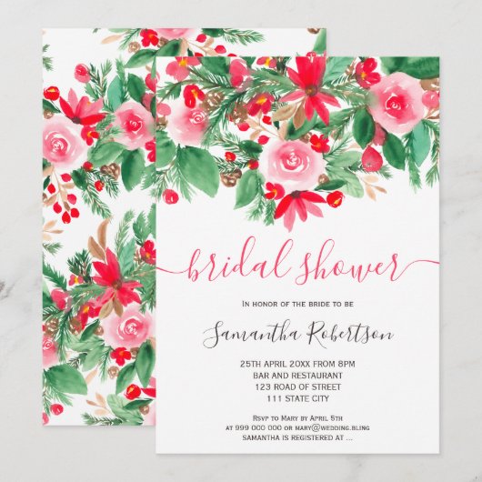 Rode groene winterflorale waterverf vrijgezellenfe kaart (Voorkant / Achterkant)