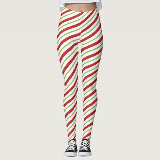 Rode groene witte strepen kerstpatroon leggings (Voorkant)