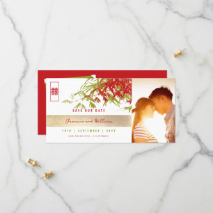 Rode Groene Zen Bamboe bladeren Foto Chinese bruil Save The Date