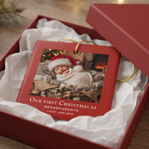 Rode Grootouders Eerste Kerstmis Baby Foto Keramisch Ornament