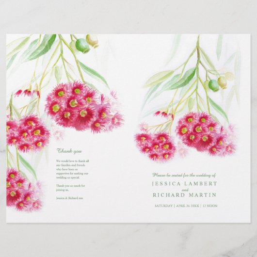 Rode gumnoot eucalyptus bloemen bruiloft programma (Voorkant)