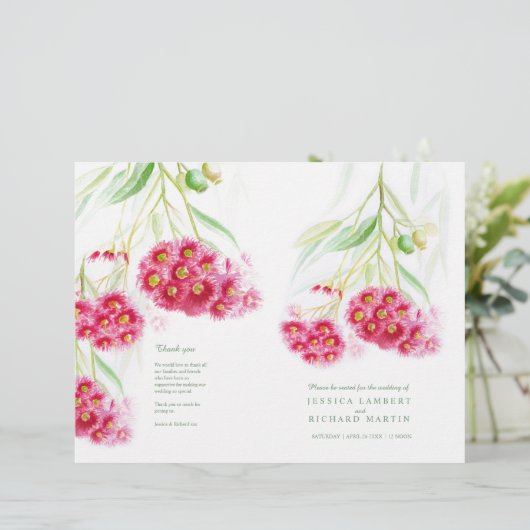 Rode gumnoot eucalyptus bloemen bruiloft programma (Staand voorkant)