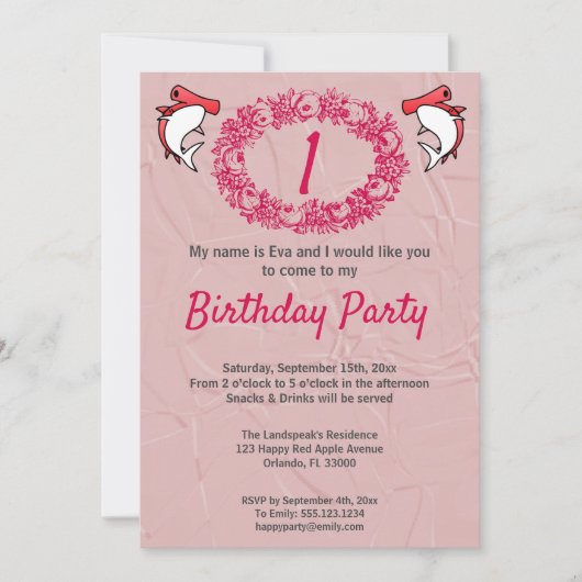 Rode haaien & Roos krans 1e Verjaardag Kaart (Voorkant)