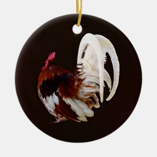 Rode haan met witte staartveren keramisch ornament (Voorkant)