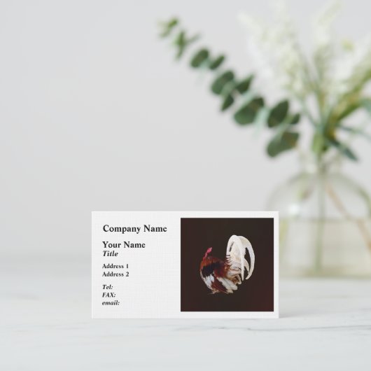 Rode haan met witte staartveren visitekaartje (Staand voorkant)