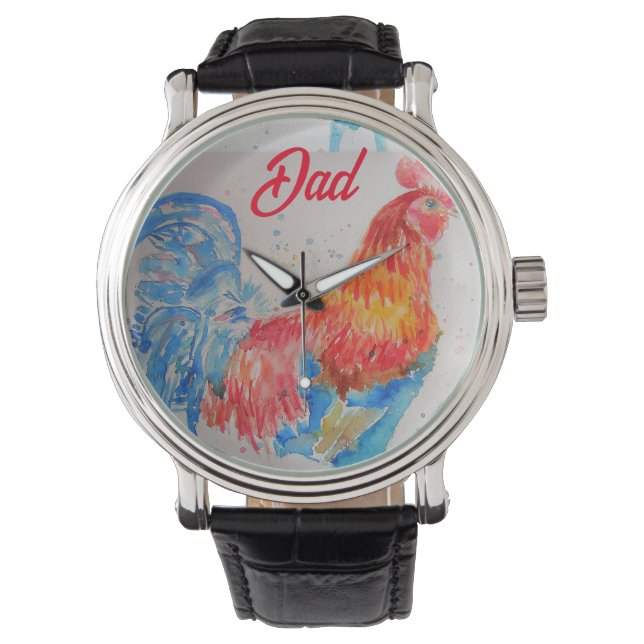 Rode Haan Waterverf Schilderen Vaderdag Papa Horloge (Voorkant)