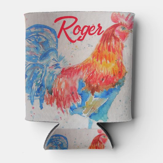 Rode Haan Waterverf Schilderij Art Chicken Blikjeskoeler (Voorkant)