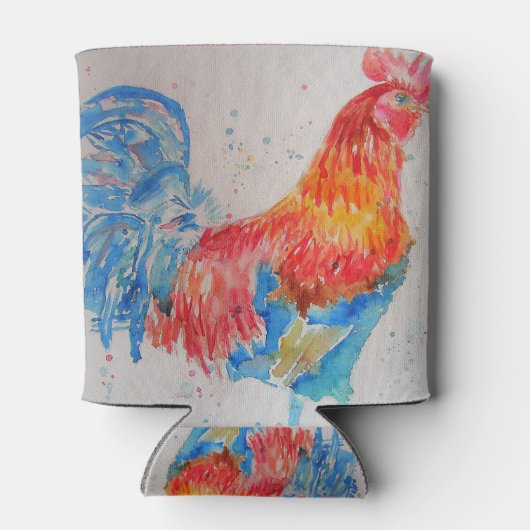 Rode Haan Waterverf Schilderij Art Chicken Blikjeskoeler (Achterkant)