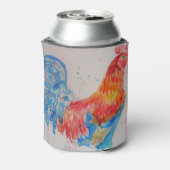 Rode Haan Waterverf Schilderij Art Chicken Blikjeskoeler (Blikje Achterkant)