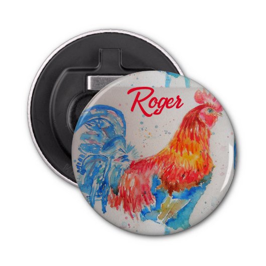 Rode Haan Waterverf Schilderij Art Chicken Button Flesopener (Voorkant)
