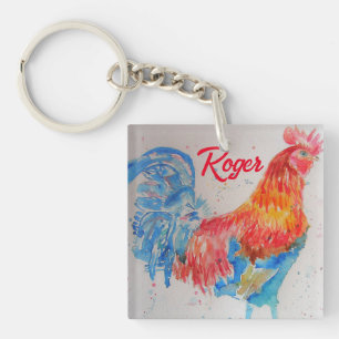 Rode Haan Waterverf Schilderij Art Chicken Sleutelhanger