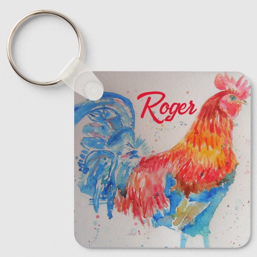 Rode Haan Waterverf Schilderij Art Chicken Sleutelhanger (Voorkant)