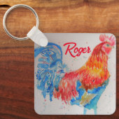 Rode Haan Waterverf Schilderij Art Chicken Sleutelhanger (Voorkant)