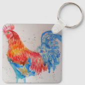 Rode Haan Waterverf Schilderij Art Chicken Sleutelhanger (Achterkant)