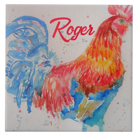 Rode Haan Waterverf Schilderij Art Chicken Tegeltje (Voorkant)