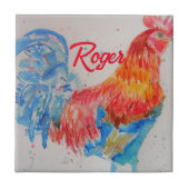 Rode Haan Waterverf Schilderij Art Chicken Tegeltje (Voorkant)