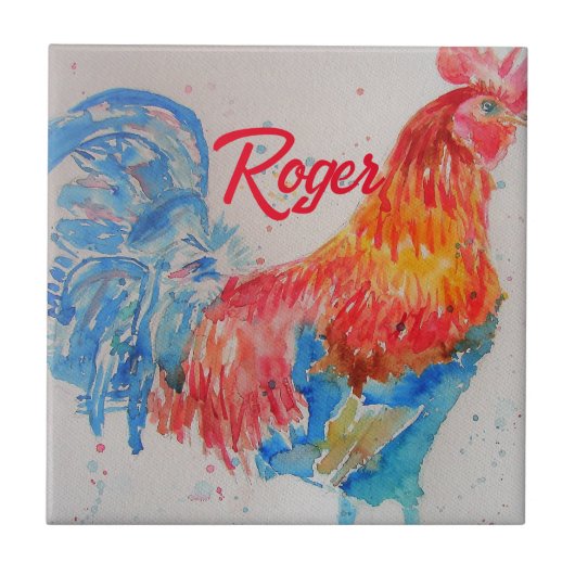 Rode Haan Waterverf Schilderij Art Chicken Tegeltje (Voorkant)