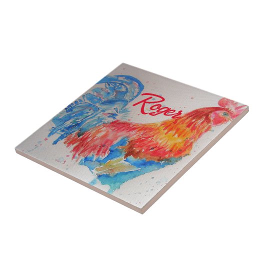 Rode Haan Waterverf Schilderij Art Chicken Tegeltje (Zijkant)