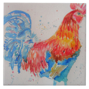 Rode Haan Waterverf Schilderij Art Chicken Tegeltje