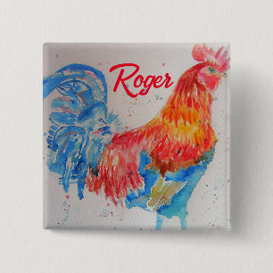 Rode Haan Waterverf Schilderij Art Chicken Vierkante Button 5,1 Cm