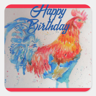 Rode Haan Waterverf schilderij Happy Birthday Vierkante Sticker