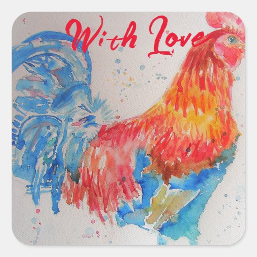Rode Haan Waterverf Schilderij Verjaardag Papa Vierkante Sticker (Voorkant)