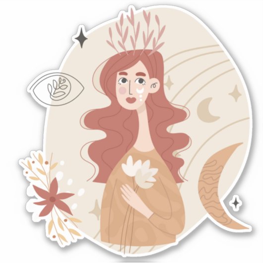 Rode haar boho vrouw bloemen Moersterren abstract Sticker (Voorkant)