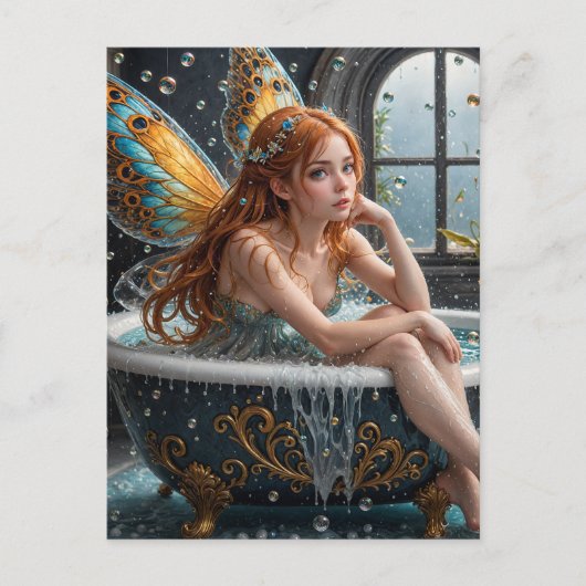 Rode haarfee in een bubbelbad briefkaart (Voorkant)