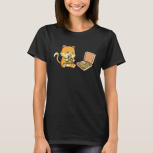 Rode haarkat wijkt heerlijke pizza uit met een len t-shirt