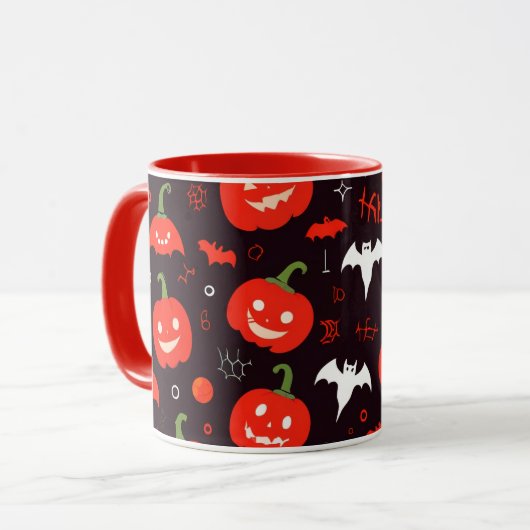 Rode Halloween Mok met Spooky Ghosts en Pumpkins! (Voorkant links)