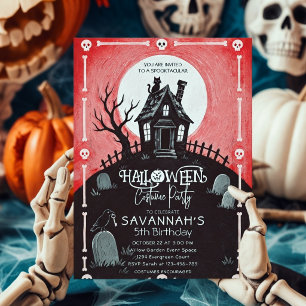 Rode Halloween-spookhuis-verjaardagsfeestje Kaart